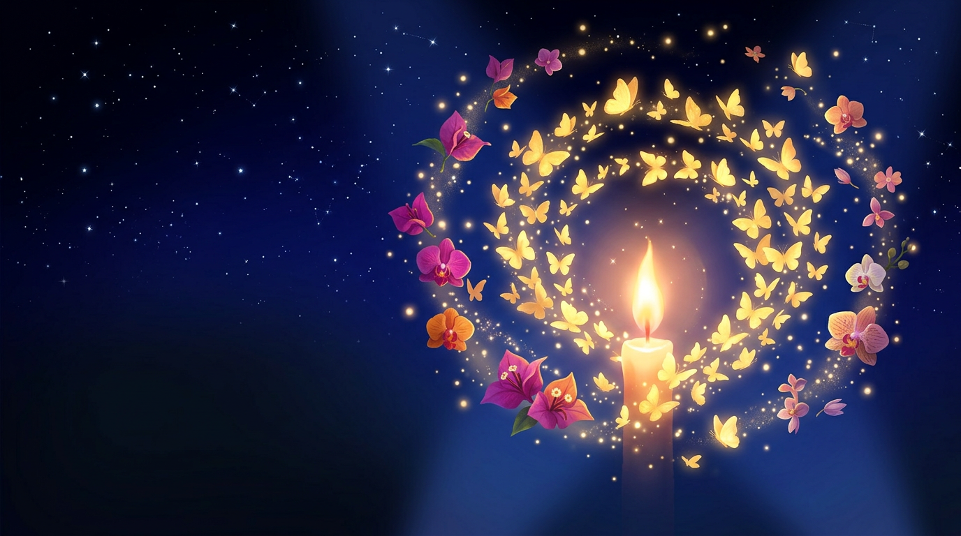 A glowing candle surrounded by golden butterflies and tropical flowers under a royal blue night sky
